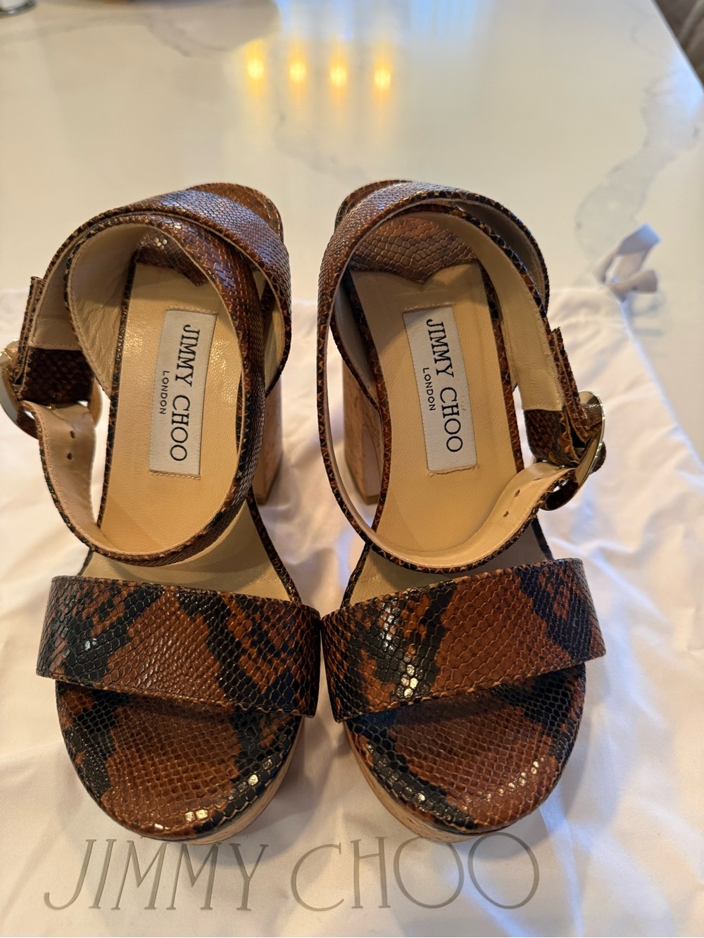 Jimmy Choo Brown and Black Snakeskin Platform Sandals